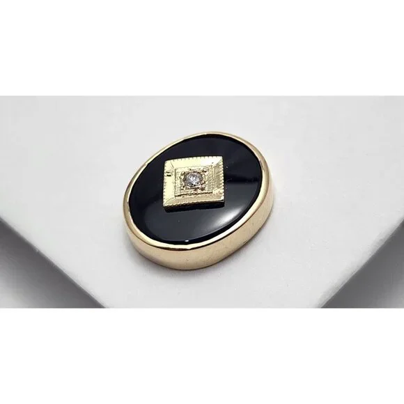 Vintage 14K Solid Yellow Gold Designer Black Onyx & Diamond Tie Tack Label Pin